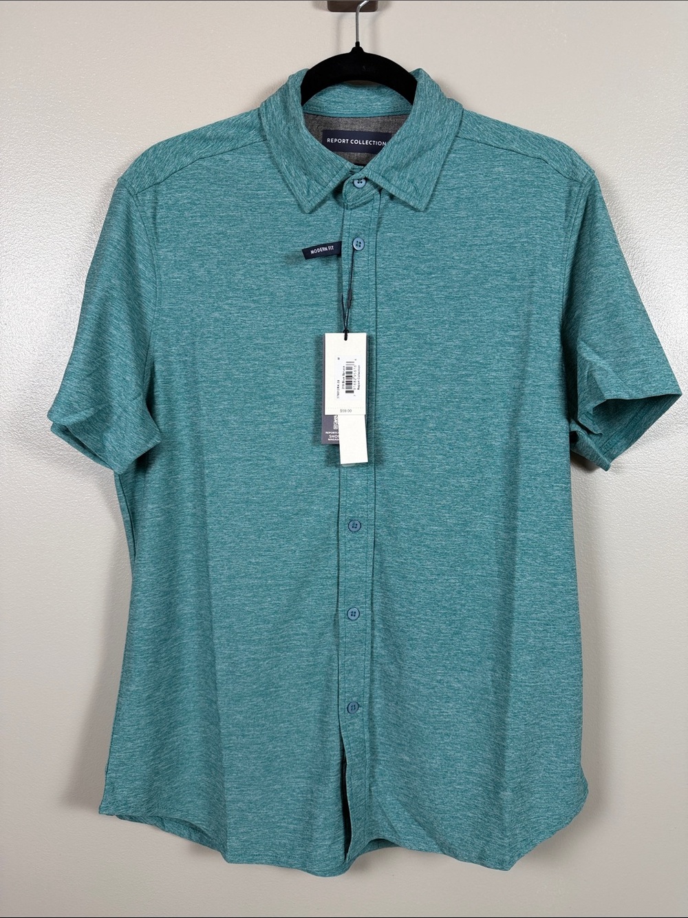 Report Collection Flex Knit Teal Heather Short-Sleeve Button-Down Shirt